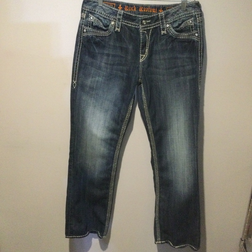 ROCK REVIVAL ELAINA EASY BOOT WOMENS LOW RISE EMBELLISHED EMBROIDERED JEANS   31